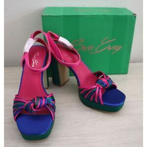 Sun Gurg Women's Sz 8 Hot Pink Open Toe Ankle Strap Platform Chunky Heel Sandals